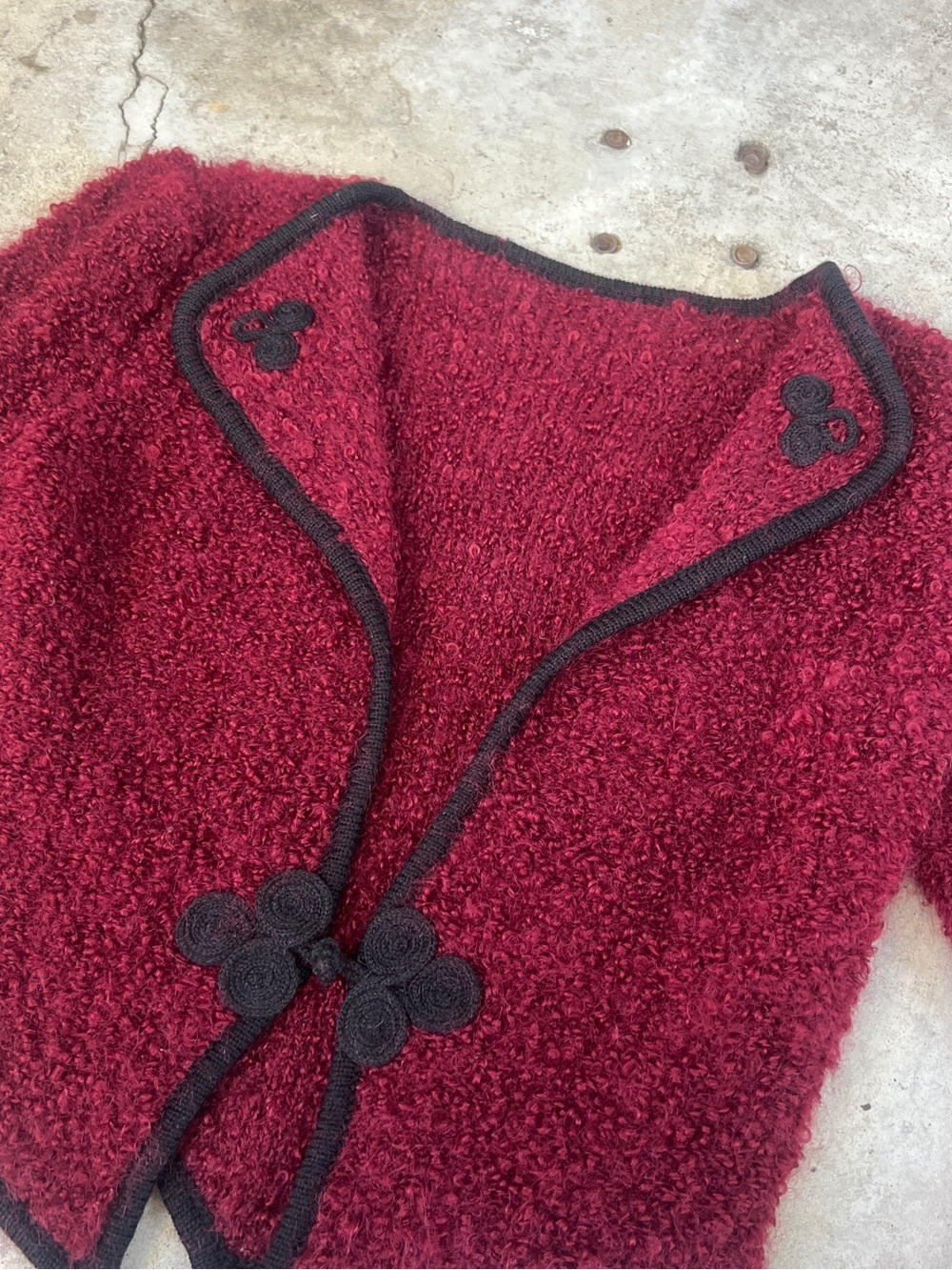 Vintage 90s Burgundy Bouclé Knit Jacket with Black Frog Closures